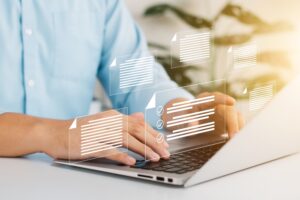 Document management concept. Virtual screen icons Document Management System (DMS) Online document database